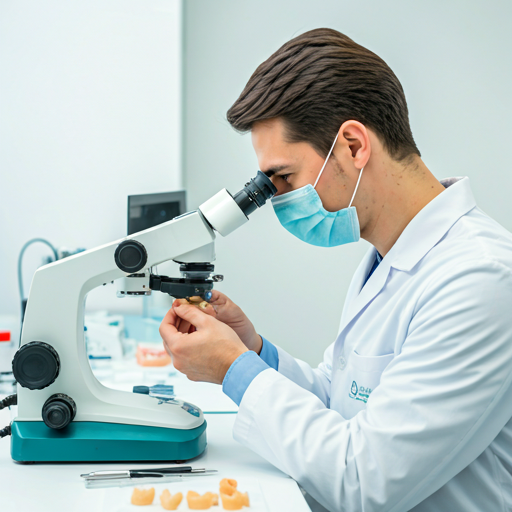Technician inspecting a dental crown under a microscope.