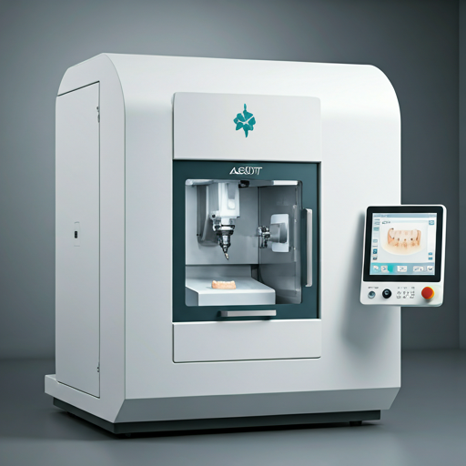 Advanced dental milling machine in a sterile, brightly lit laboratory setting.
