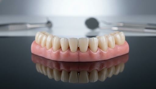 Polished titanium full-arch implant bar framework on a clinical background