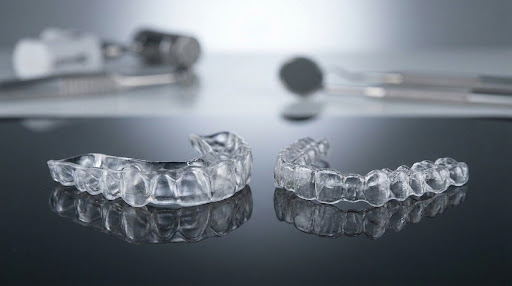Clear nightguard appliance and orthodontic aligner on a clinical surface